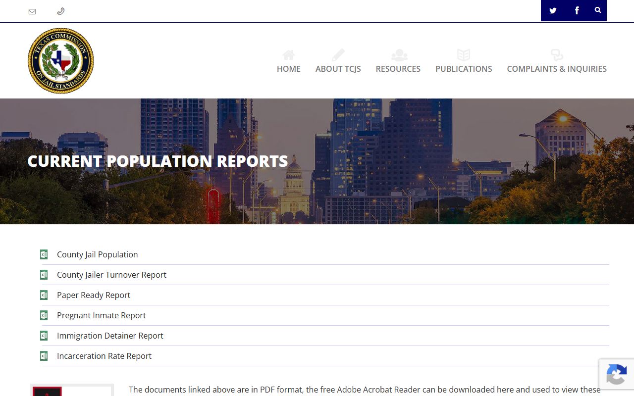 Texas Commission on Jail Standards population reports page used for Waller County jail capacity and population data