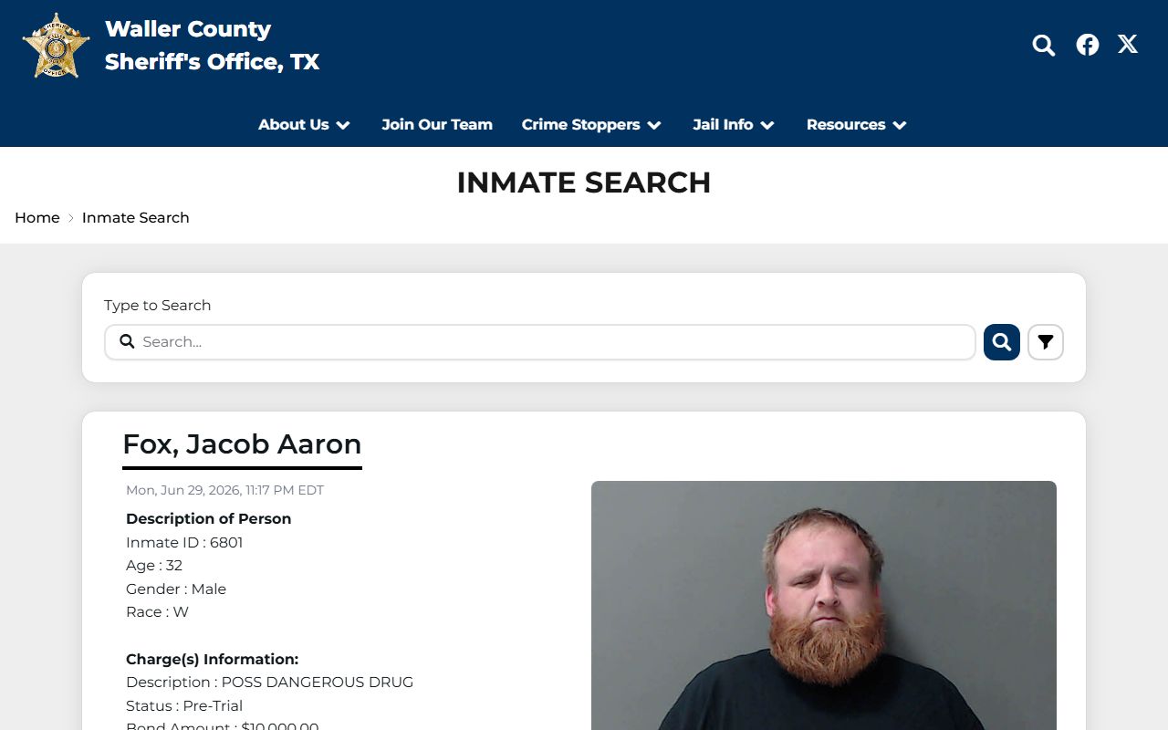 Waller County inmate roster search cards with mugshots and pagination